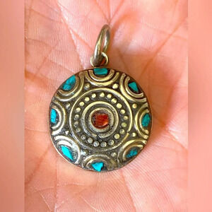 Unique Handmade Tibetan Silver Turquoise Coral Round Circle Necklace Pendant